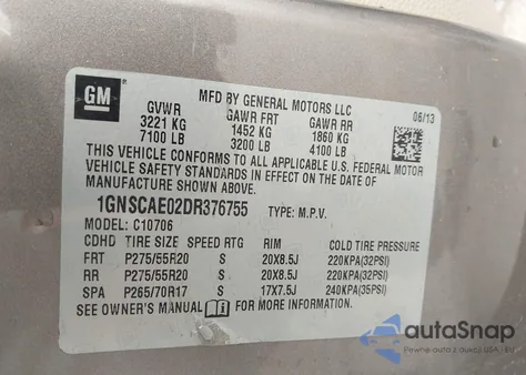 2013 Chevrolet Tahoe Ls z USA, uszkodzony, nr VIN 1GNSCAE02DR376755